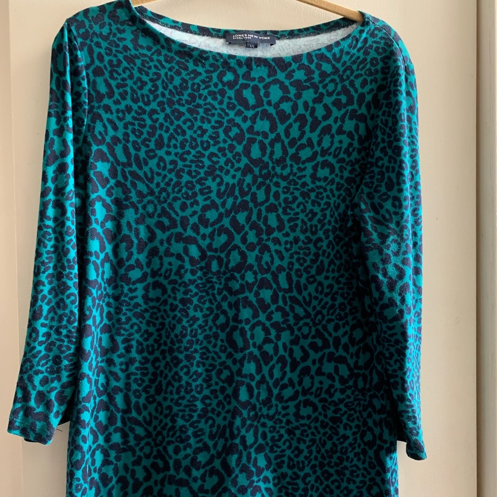 Jones New York Teal Black Leopard Print 3/4 Sleeve Top